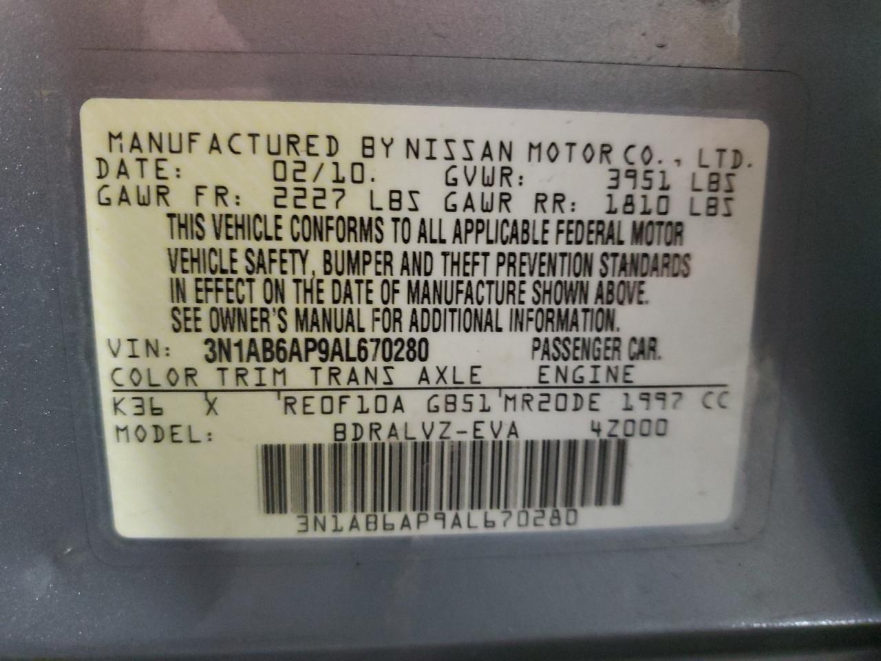 Lot #3037767279 2010 NISSAN SENTRA 2.0