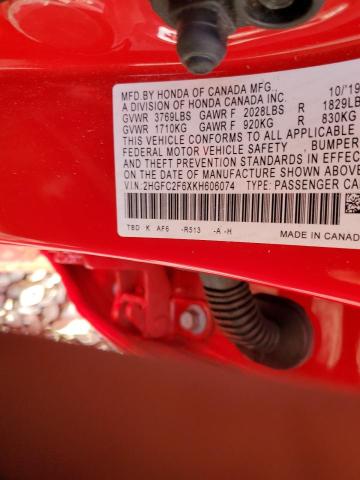2019 HONDA CIVIC LX 2HGFC2F6XKH606074