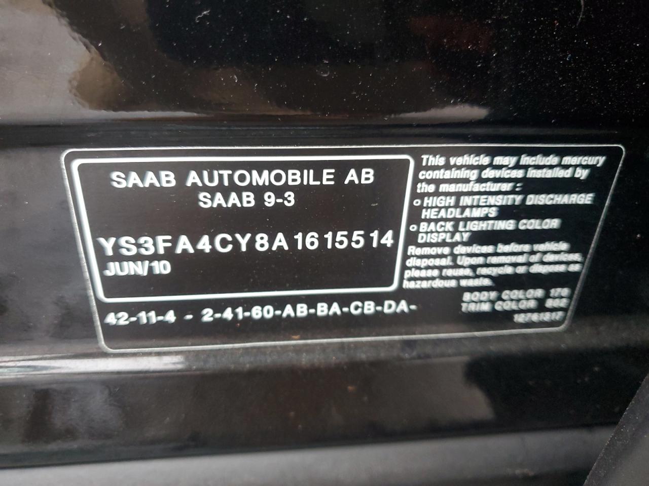 Lot #3034317085 2010 SAAB 9-3 2.0T