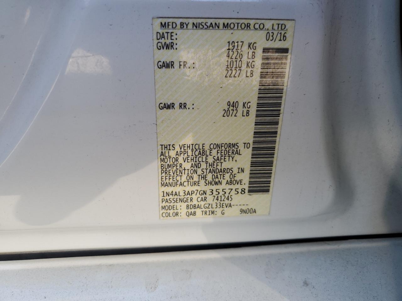 Lot #3028474918 2016 NISSAN ALTIMA 2.5