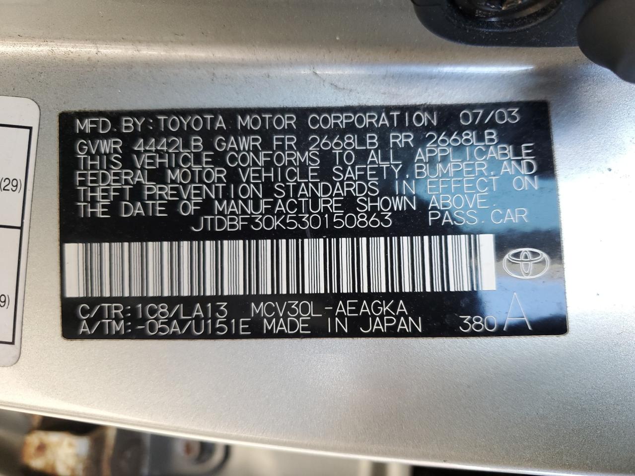 Lot #3024368526 2003 TOYOTA CAMRY