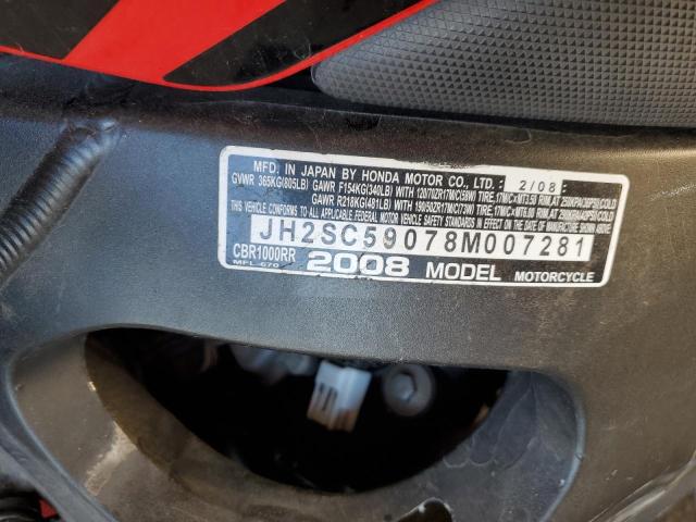 2008 HONDA CBR1000 RR JH2SC59078M007281