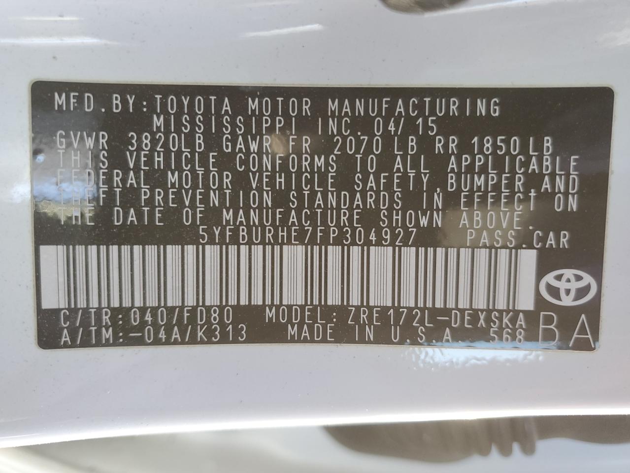 Lot #3028570923 2015 TOYOTA COROLLA L