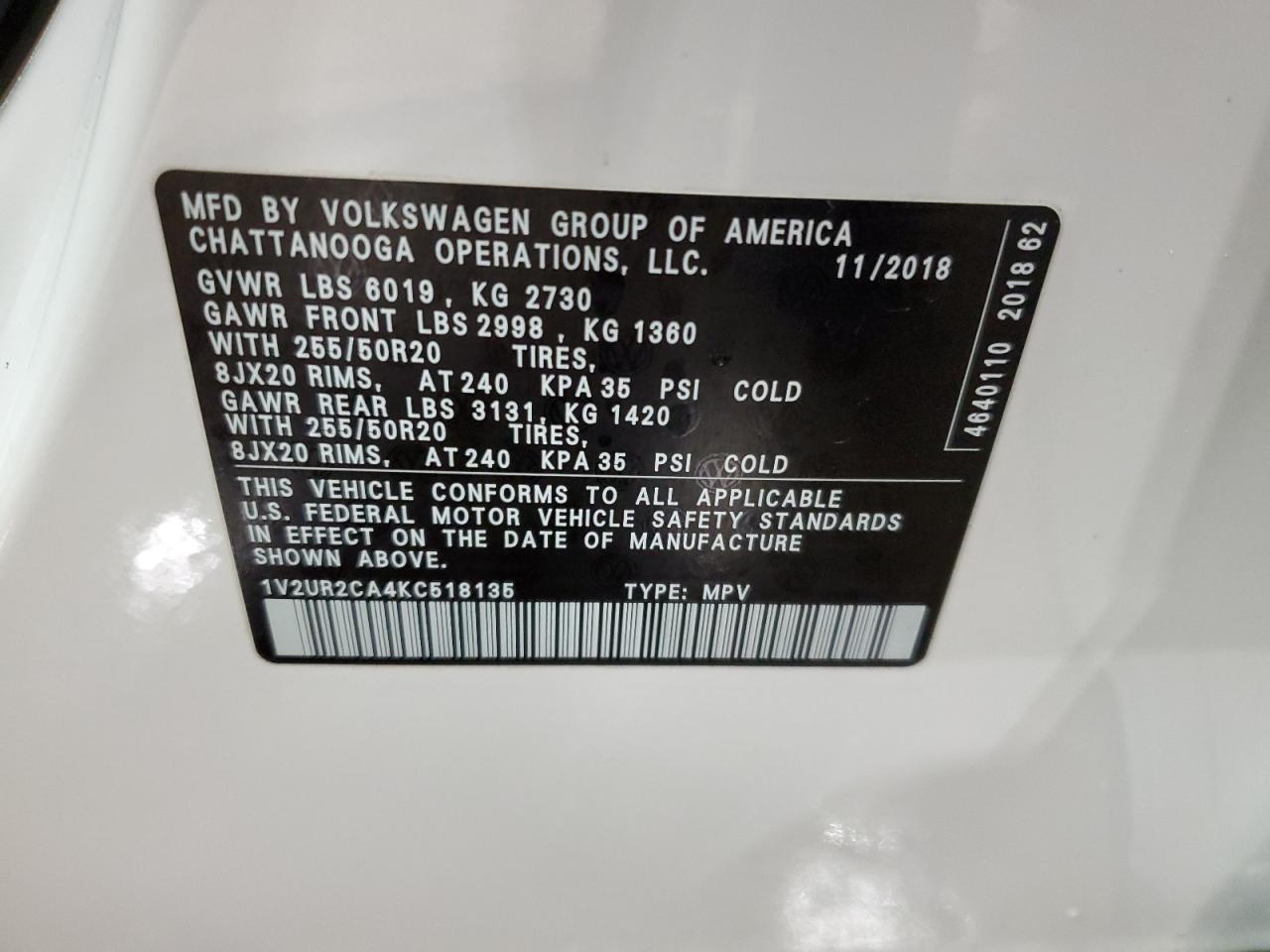 Lot #3024173798 2019 VOLKSWAGEN ATLAS SE