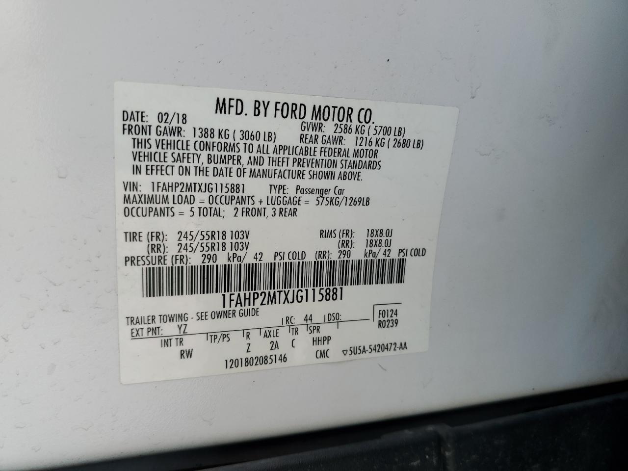 Lot #3036949728 2018 FORD TAURUS POL