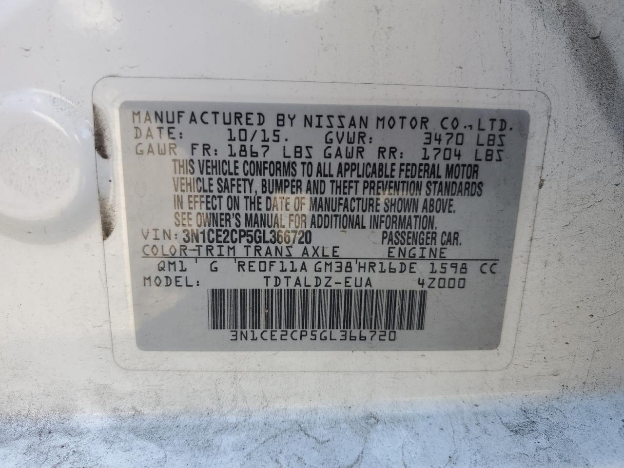 Lot #3029324686 2016 NISSAN VERSA NOTE