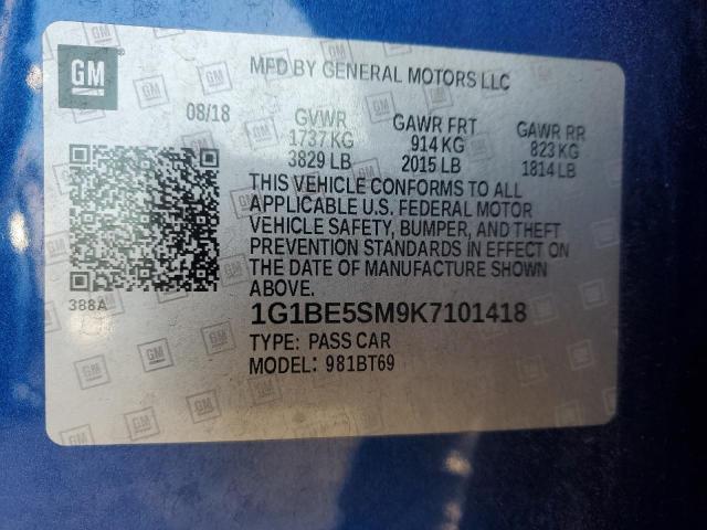 2019 CHEVROLET CRUZE LT - 1G1BE5SM9K7101418