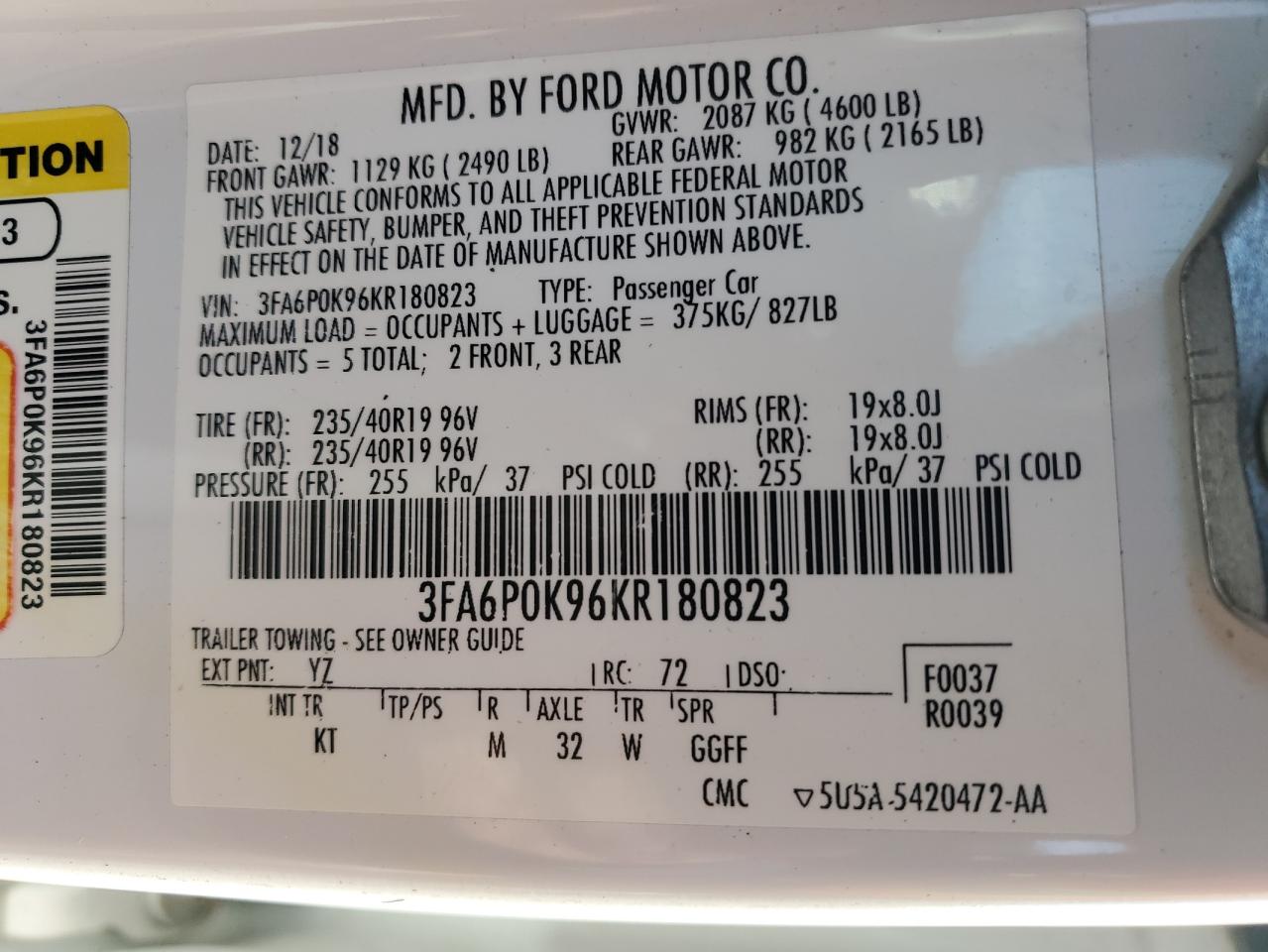 Lot #3033006990 2019 FORD FUSION TIT