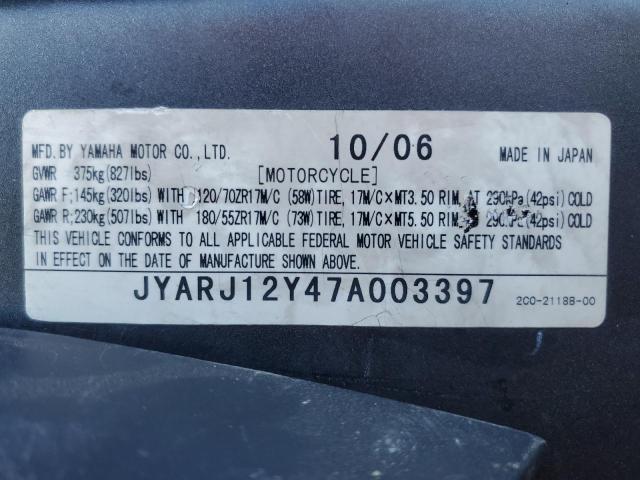 2007 YAMAHA YZFR6 L JYARJ12Y47A003397