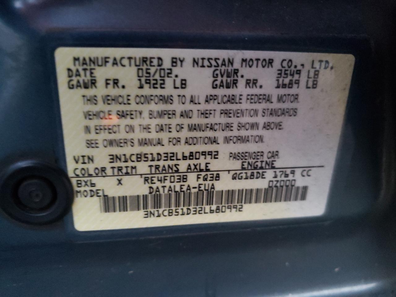 Lot #3030633094 2002 NISSAN SENTRA XE