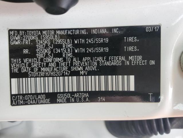 2017 TOYOTA HIGHLANDER - 5TDYZRFH7HS207147