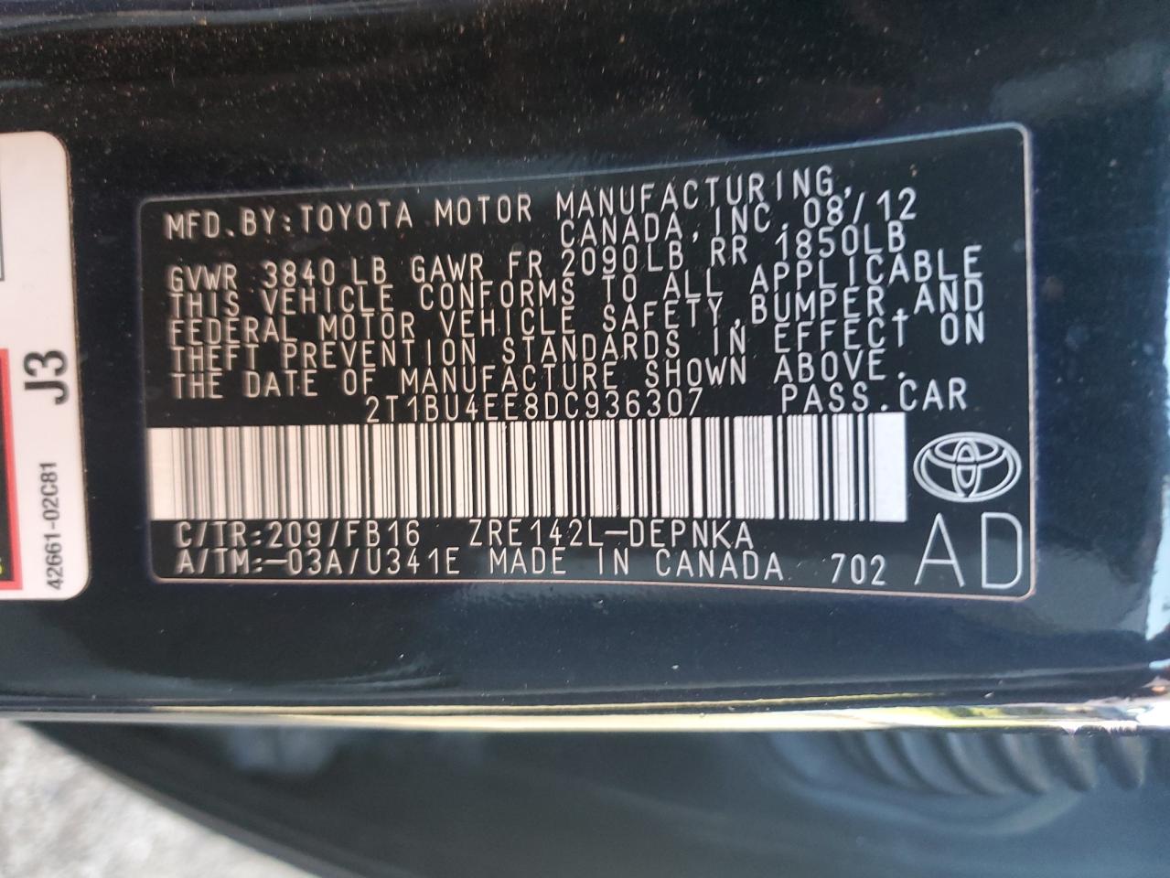 Lot #3033164185 2013 TOYOTA COROLLA BA