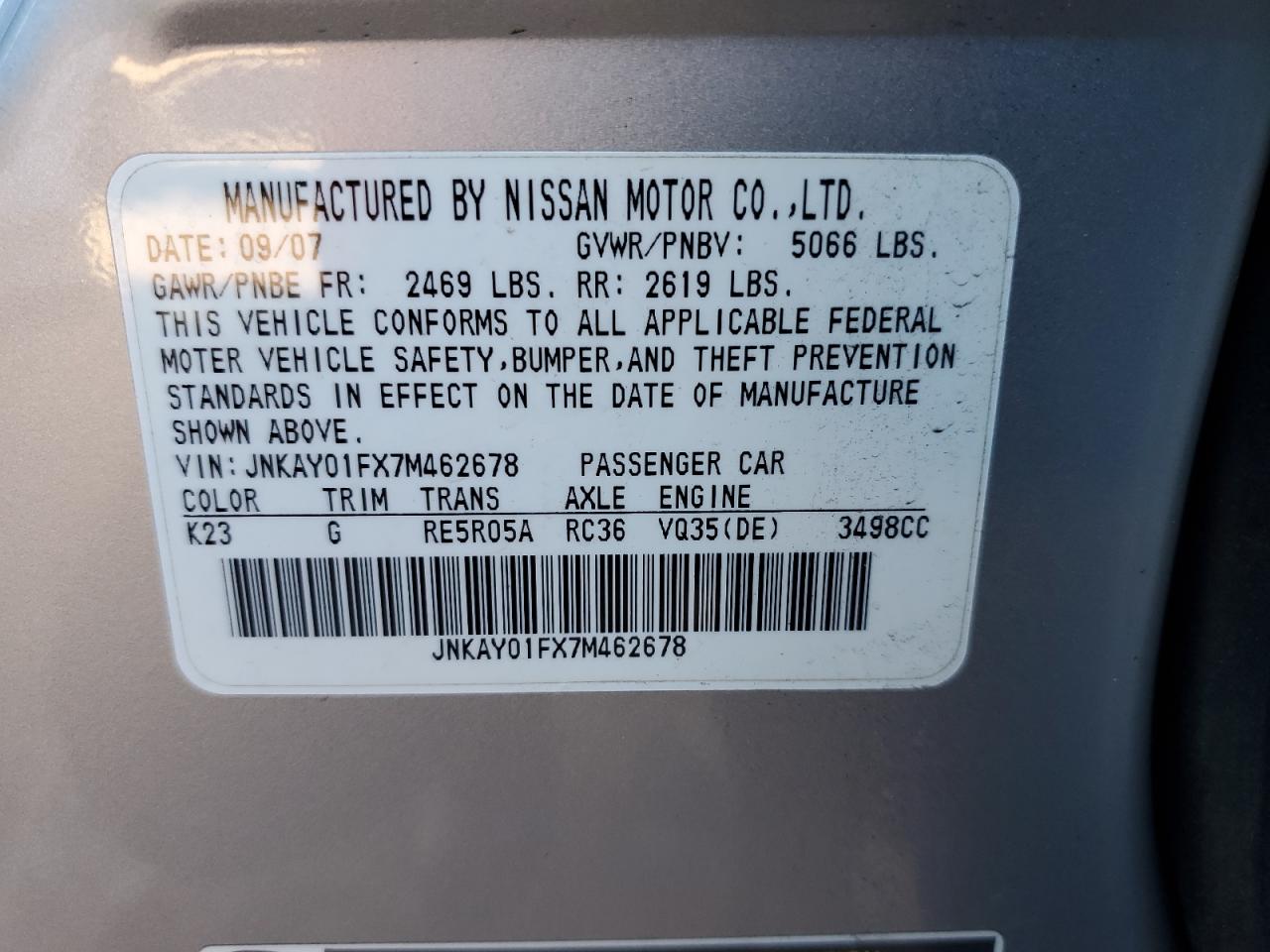 Lot #3022758388 2007 INFINITI M35 BASE