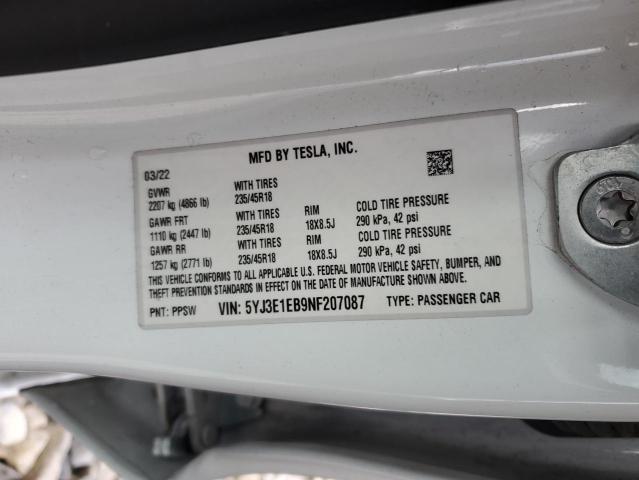 2022 TESLA MODEL 3 - 5YJ3E1EB9NF207087