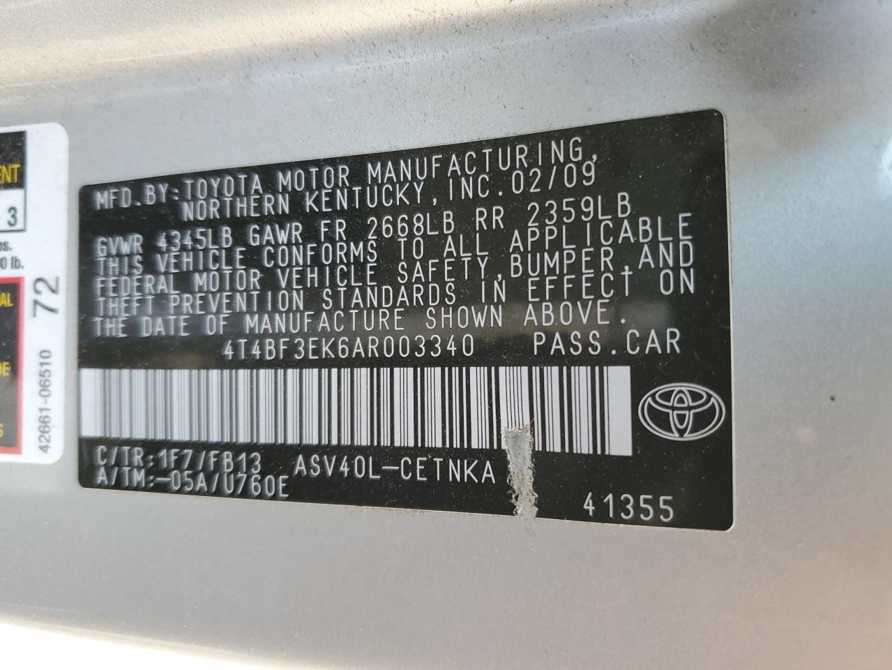 Lot #3026275265 2010 TOYOTA CAMRY BASE