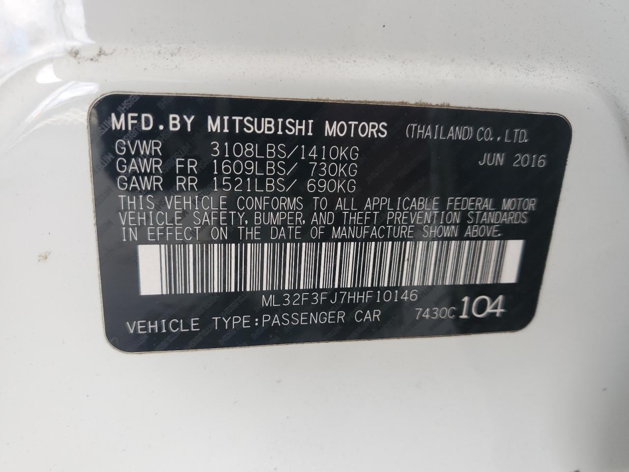 Lot #3026068958 2017 MITSUBISHI MIRAGE G4