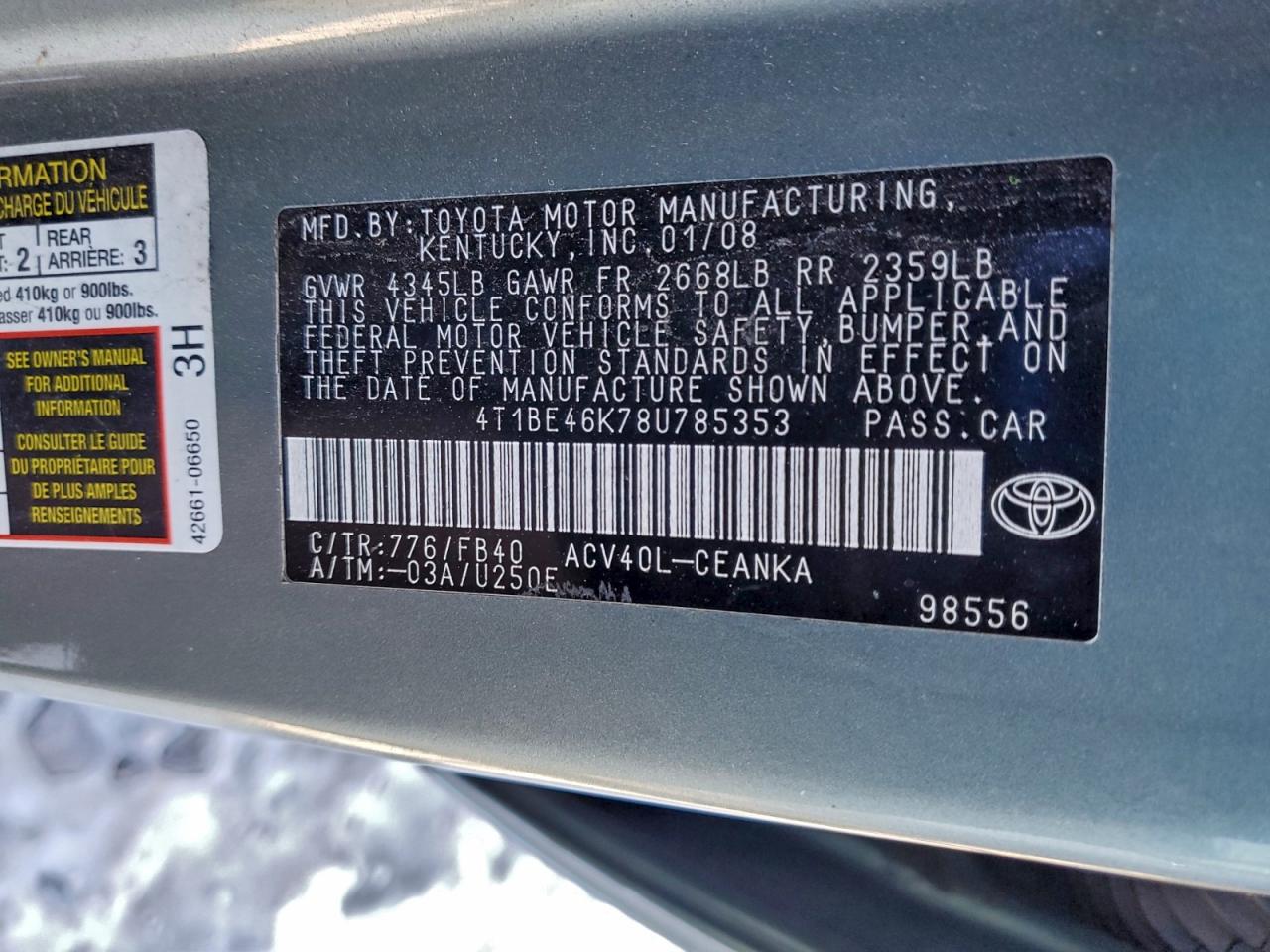 Lot #3305383307 2008 TOYOTA CAMRY CE