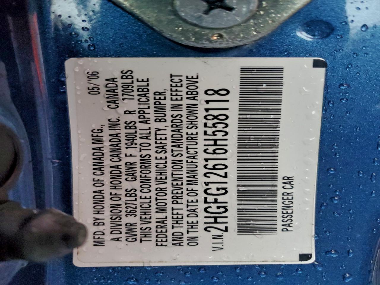 Lot #3304592446 2006 HONDA CIVIC LX