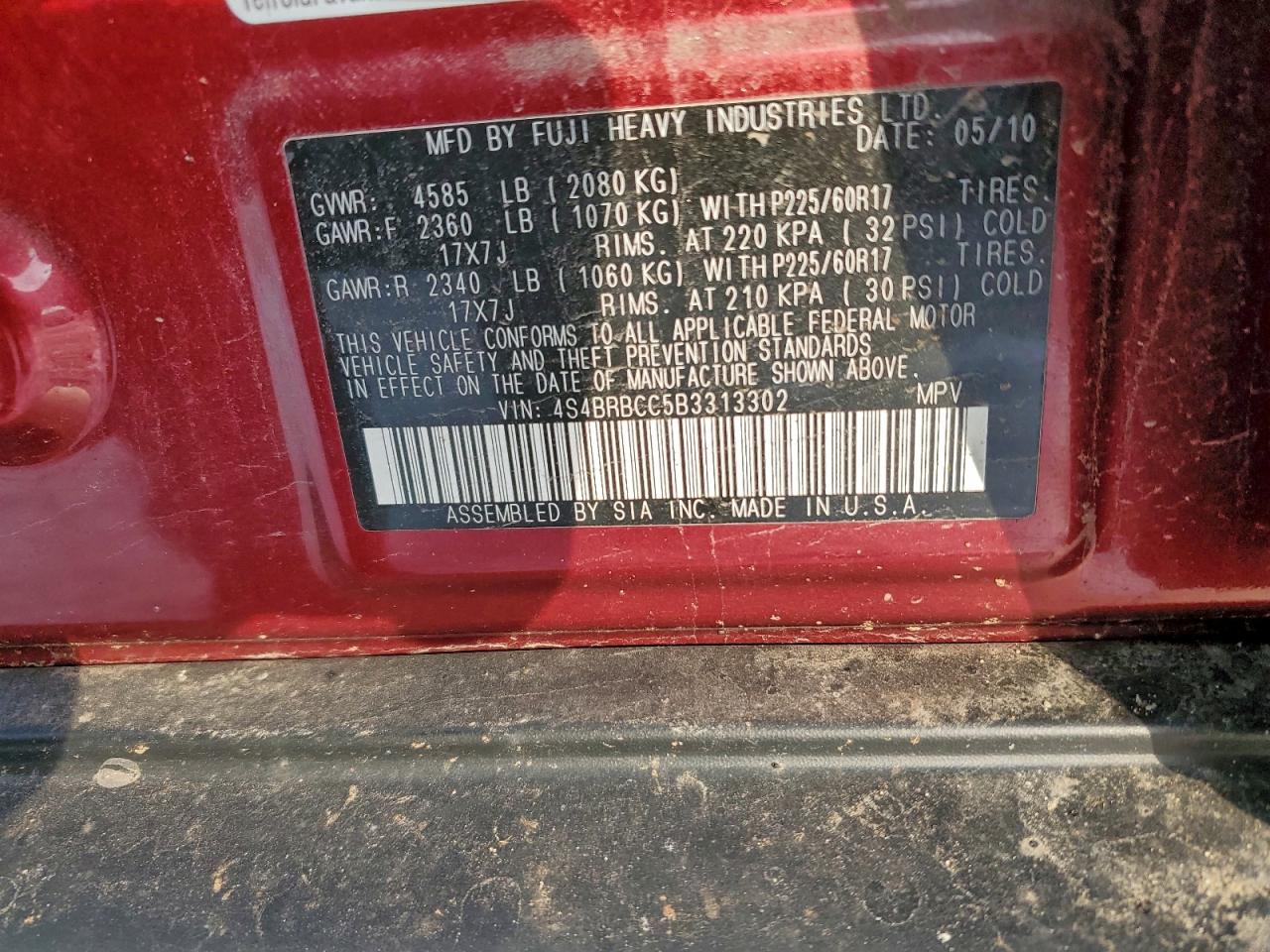 Lot #3317793146 2011 SUBARU OUTBACK 2.