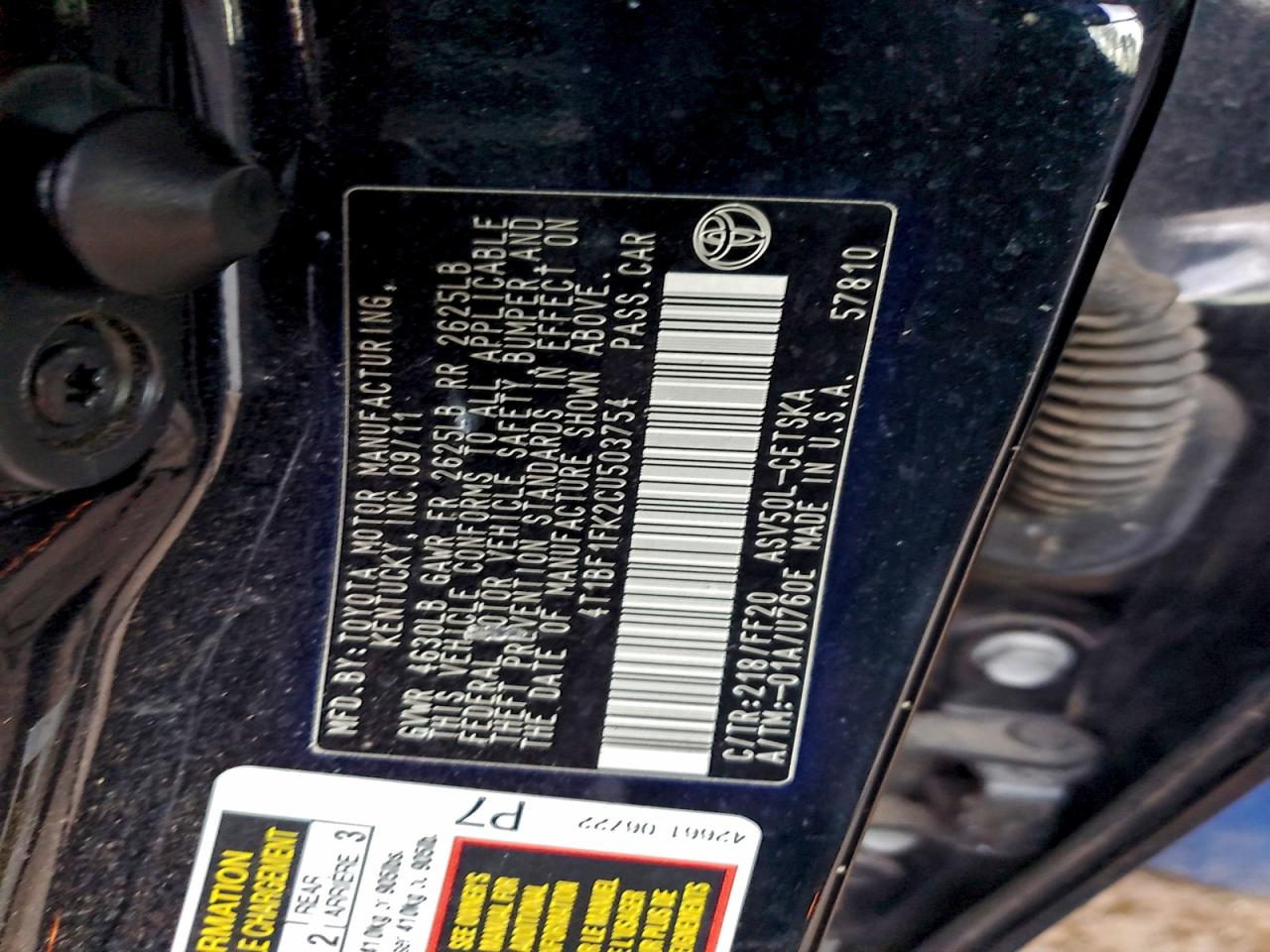 Lot #3315968083 2012 TOYOTA CAMRY BASE