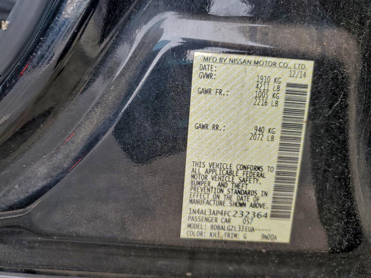 Lot #3305370313 2015 NISSAN ALTIMA 2.5