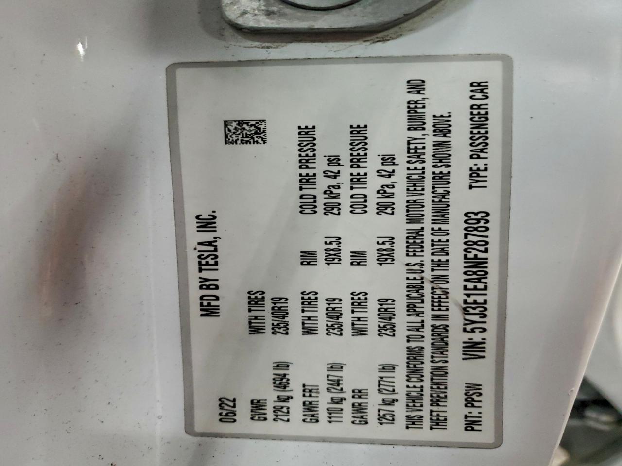 Lot #3316145215 2022 TESLA MODEL 3