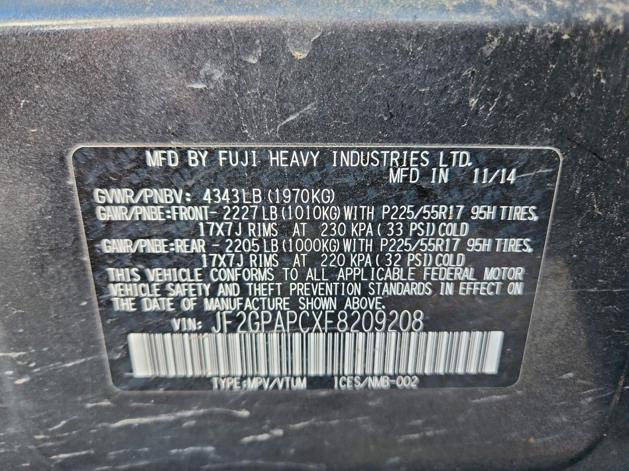 Lot #3315997083 2015 SUBARU XV CROSSTR