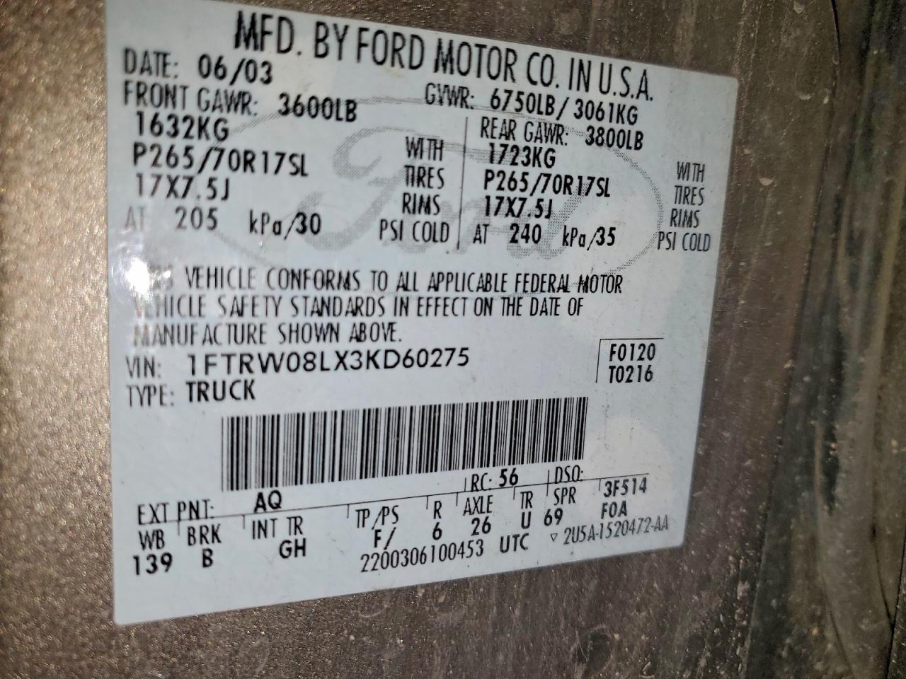 Lot #3302708078 2003 FORD F150 SUPER