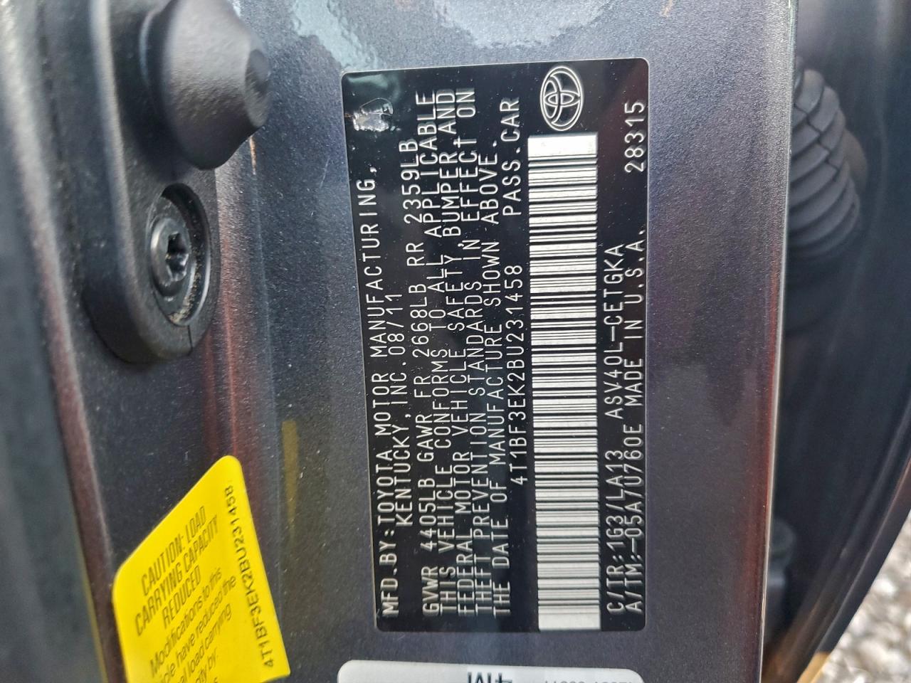 Lot #3311690314 2011 TOYOTA CAMRY BASE