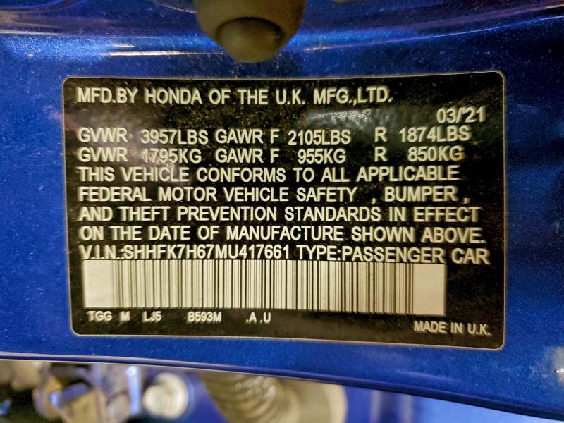 2021 HONDA CIVIC EX #3305423454