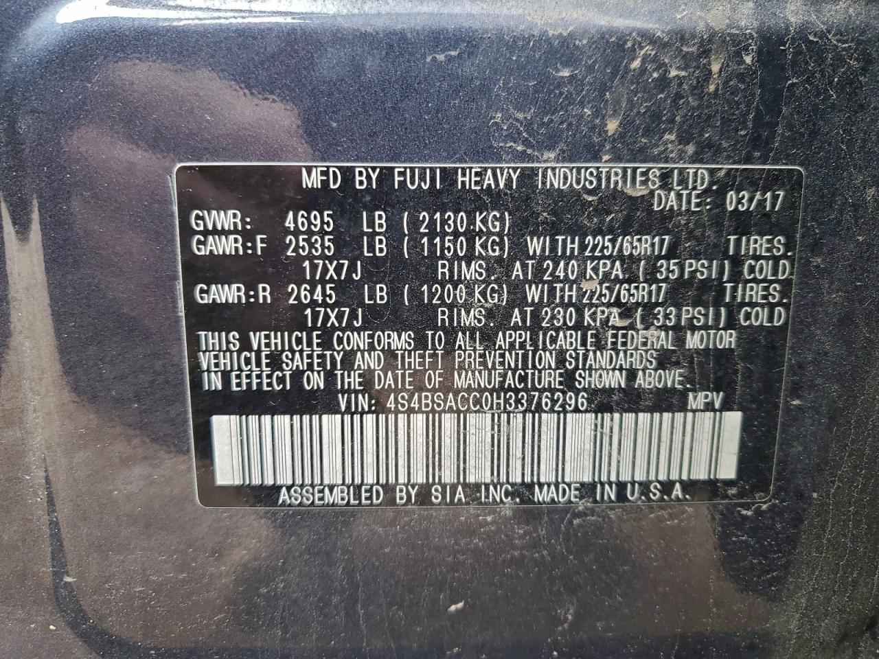 Lot #3310385006 2017 SUBARU OUTBACK 2.