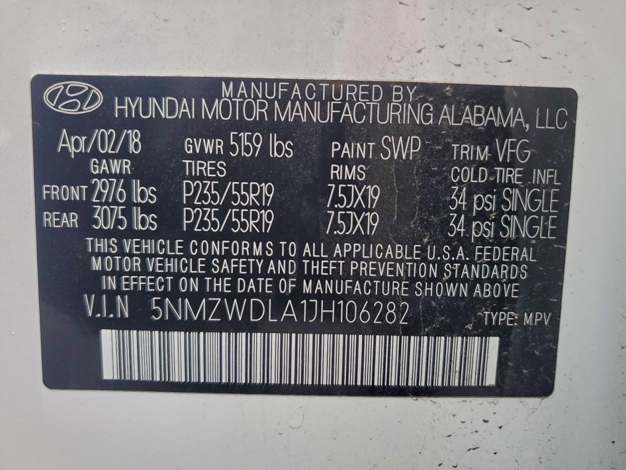 Lot #3317847907 2018 HYUNDAI SANTA FE S