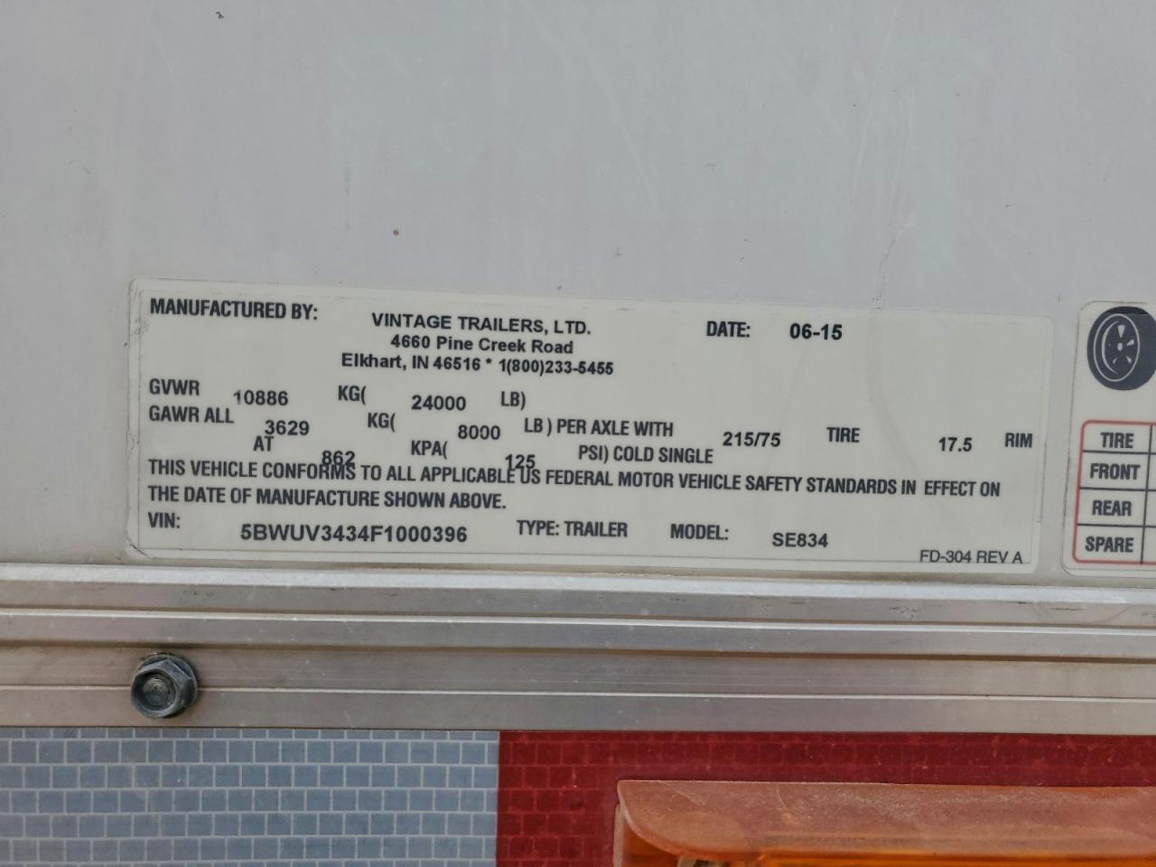 Lot #3315926106 2015 VINTAGE 34' TRAILER