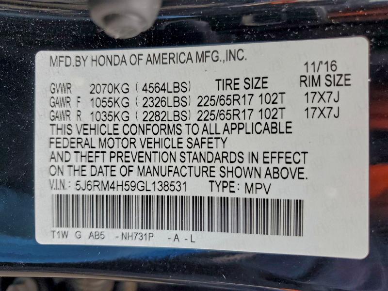 2016 HONDA CR-V EX #3318015497