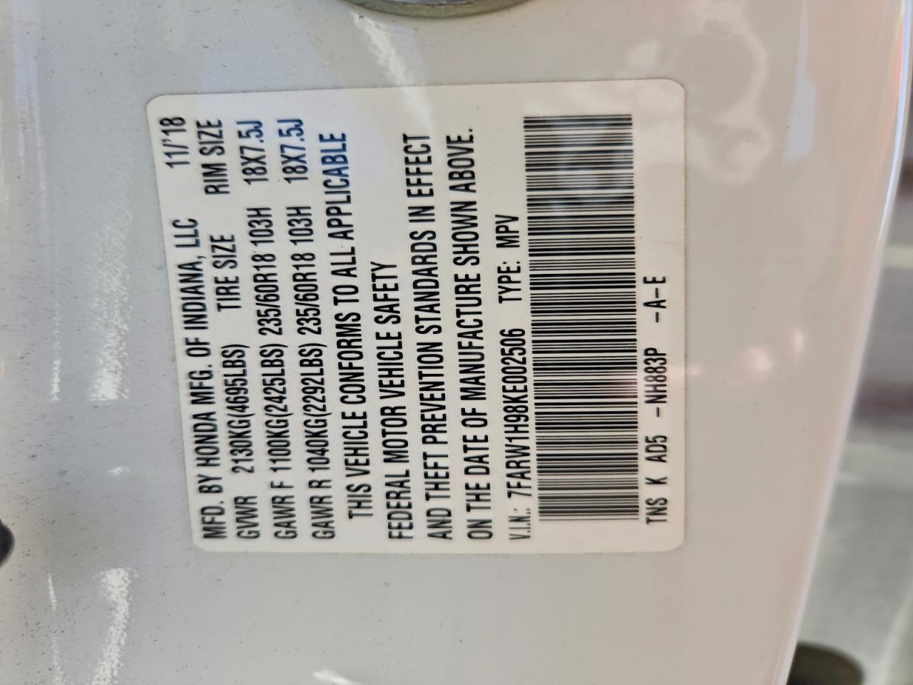 Lot #3309607553 2019 HONDA CR-V TOURI