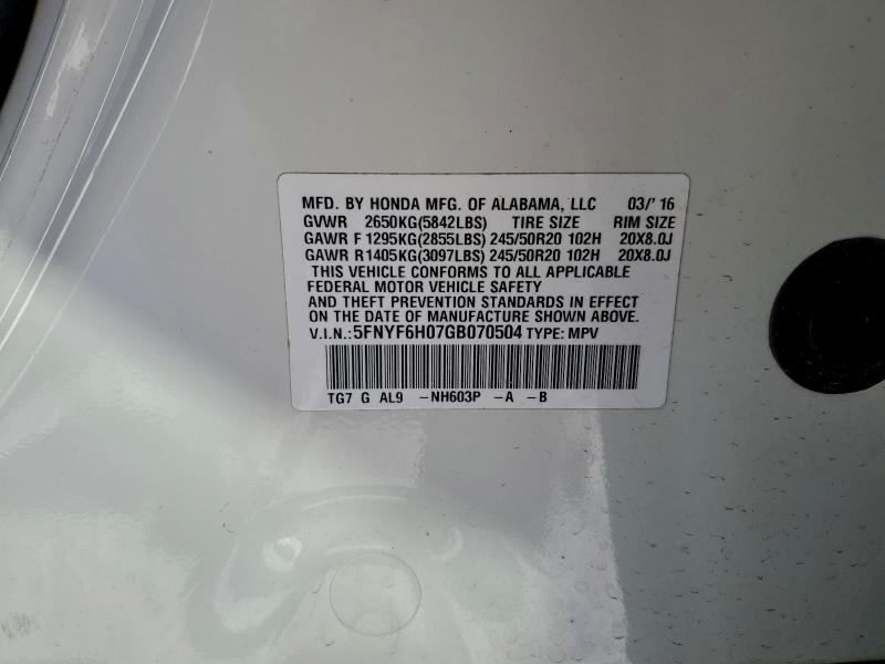 2016 HONDA PILOT ELIT #3310319994