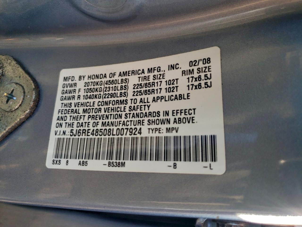 Lot #3304569453 2008 HONDA CR-V EX