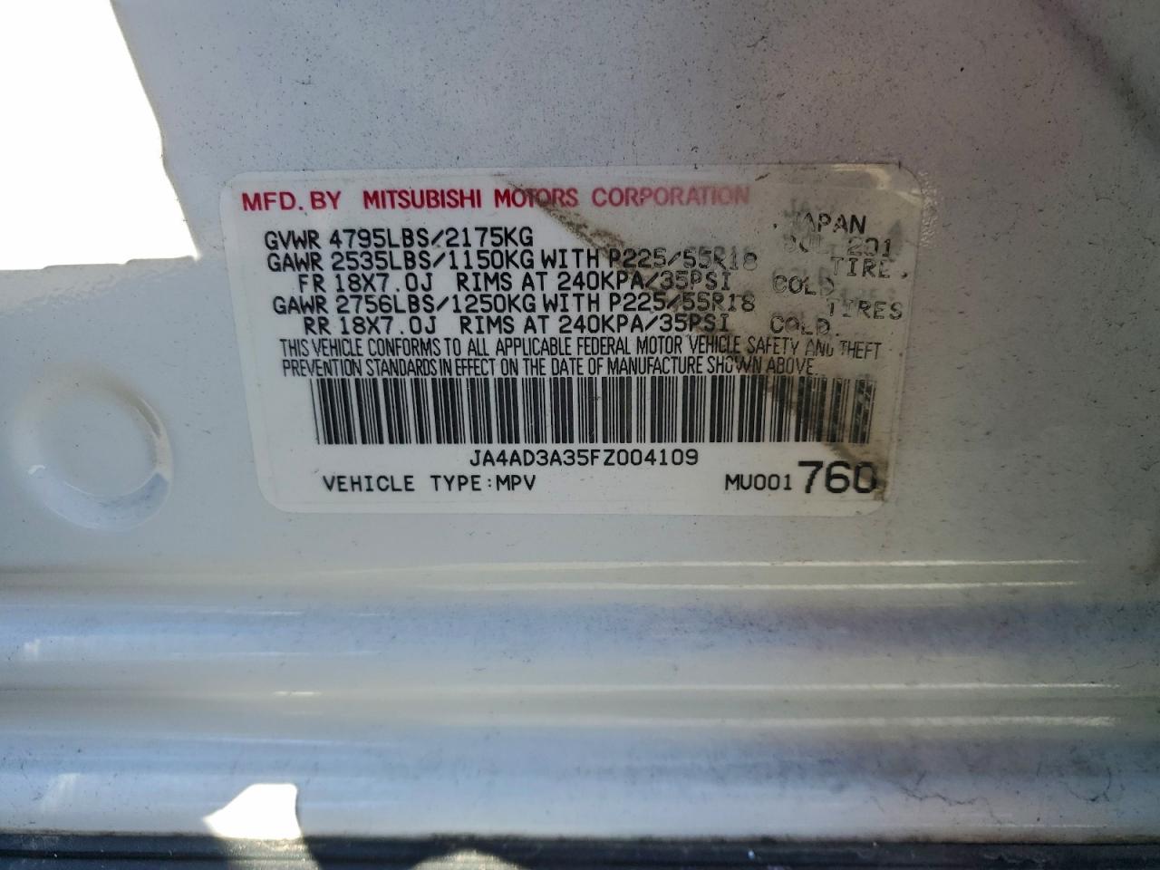 Lot #3317799138 2015 MITSUBISHI OUTLANDER