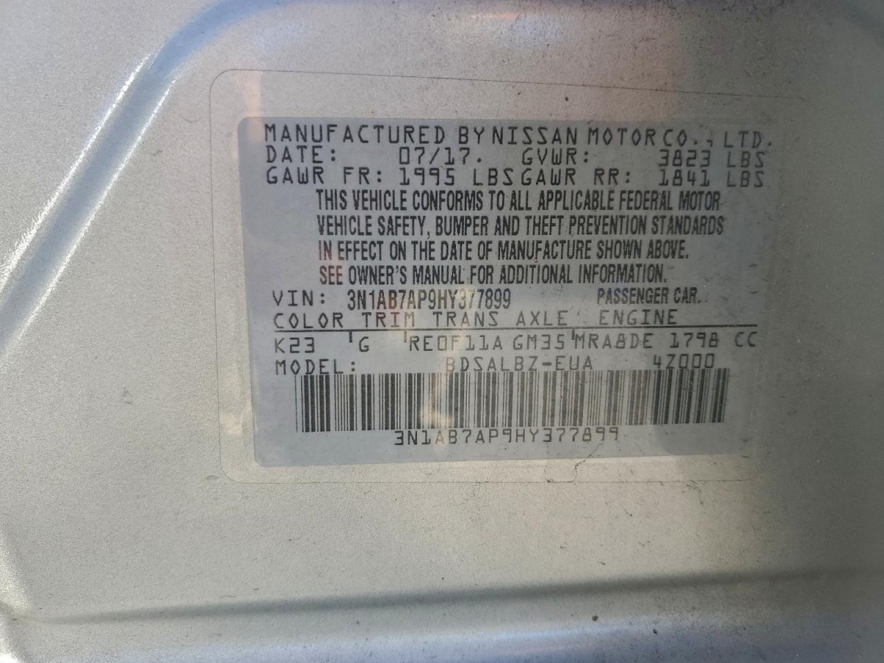 Lot #3301847474 2017 NISSAN SENTRA S