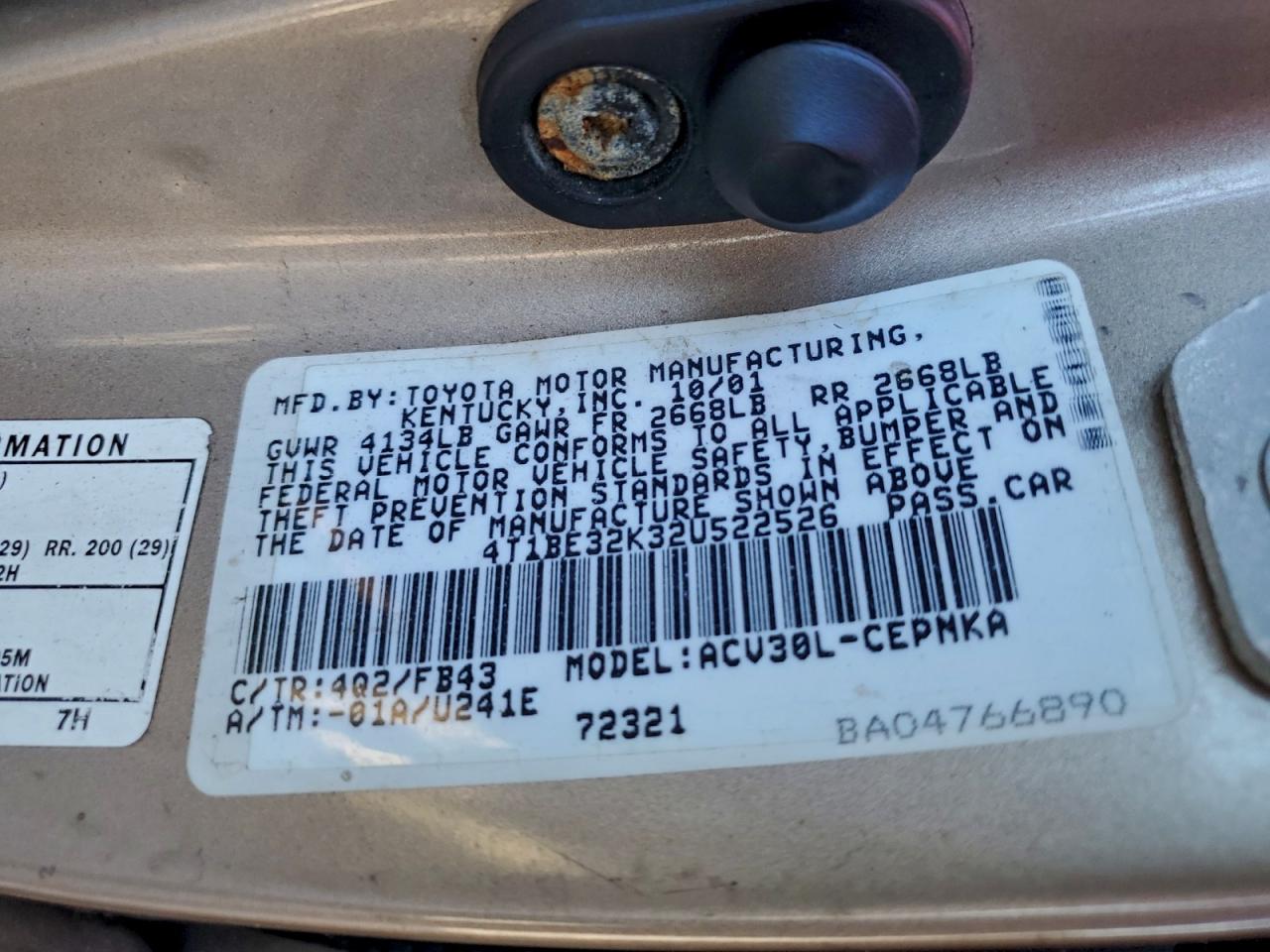 Lot #3304483443 2002 TOYOTA CAMRY LE