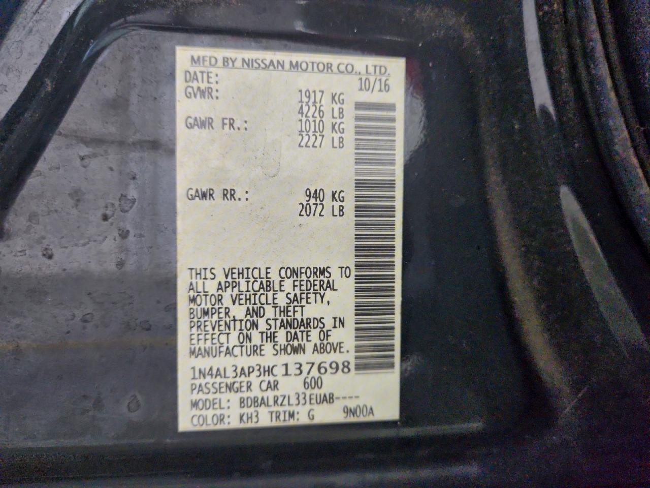 Lot #3305547079 2017 NISSAN ALTIMA 2.5