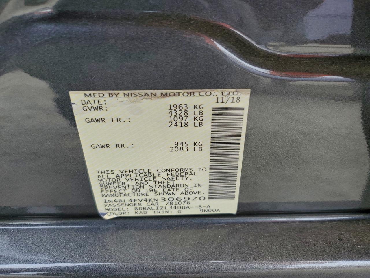 Lot #3311679224 2019 NISSAN ALTIMA SL