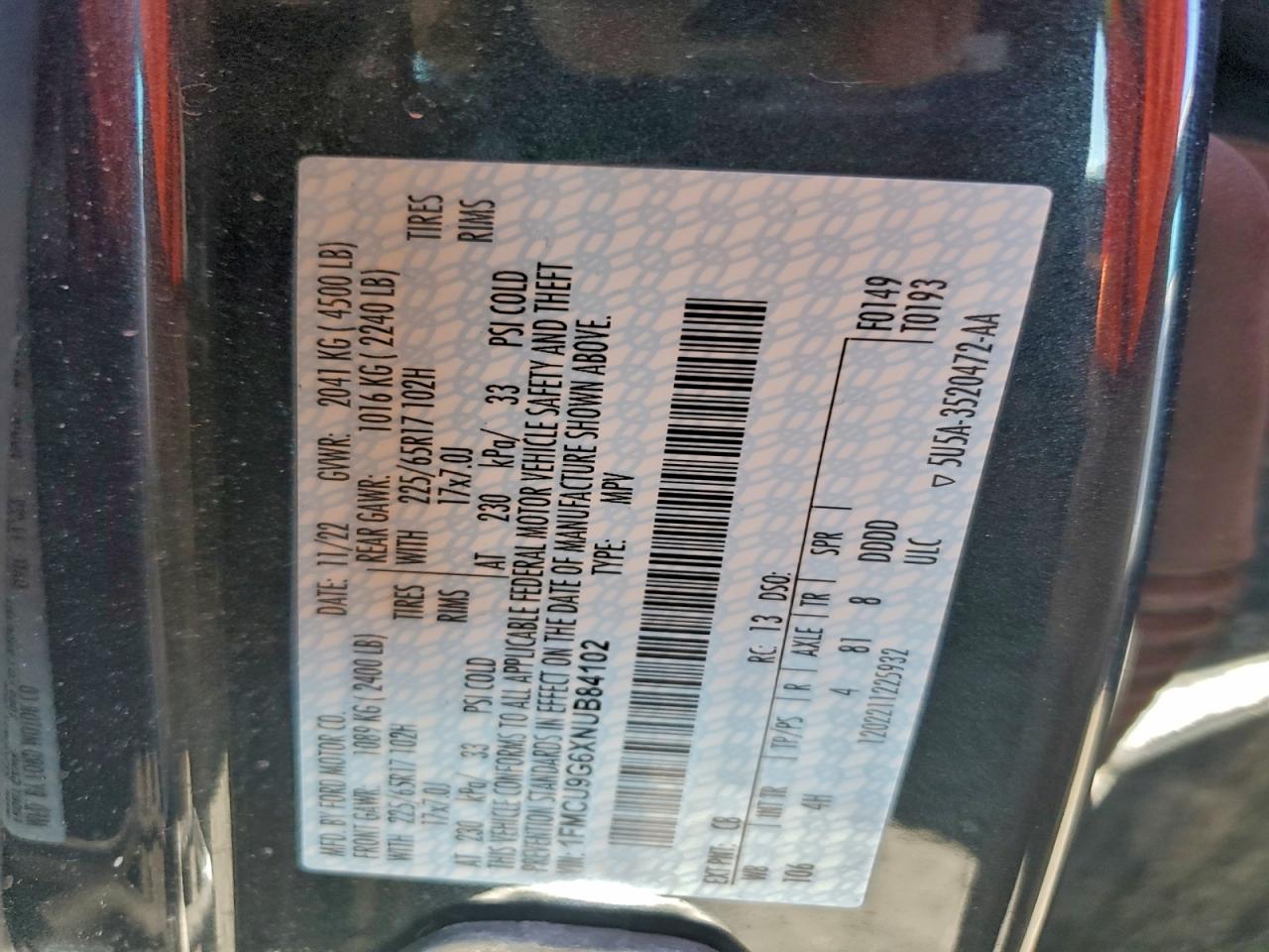 Lot #3304168440 2022 FORD ESCAPE SE