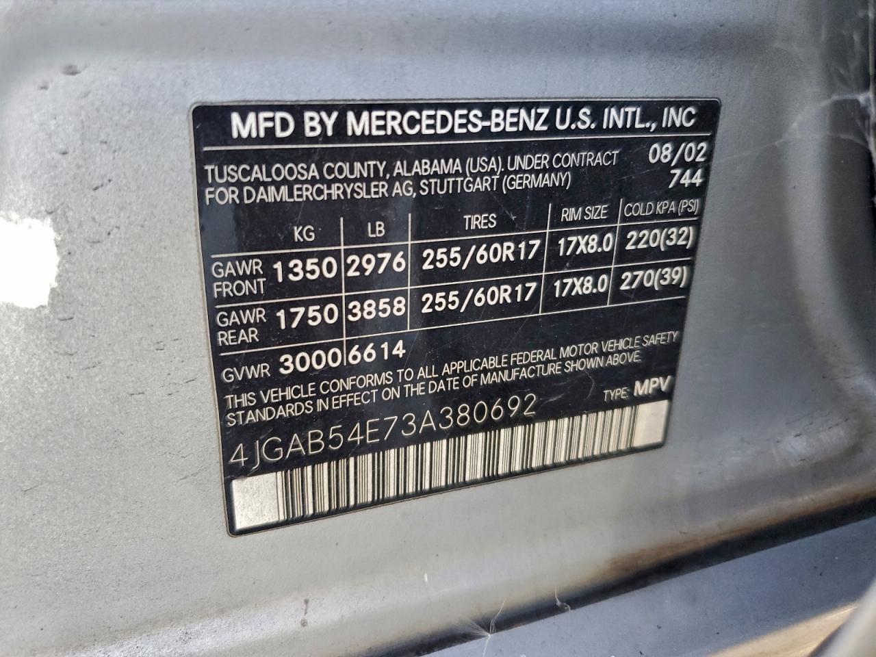 Lot #3304812680 2003 MERCEDES-BENZ ML 320