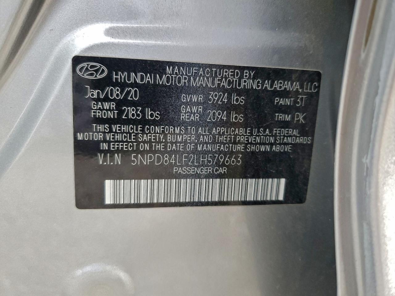 Lot #3311501240 2020 HYUNDAI ELANTRA SE