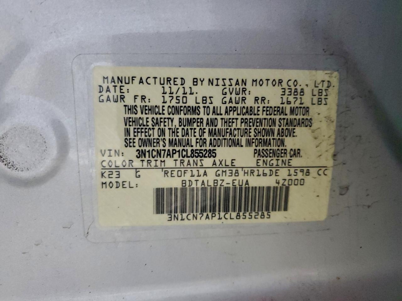 Lot #3302732000 2012 NISSAN VERSA S