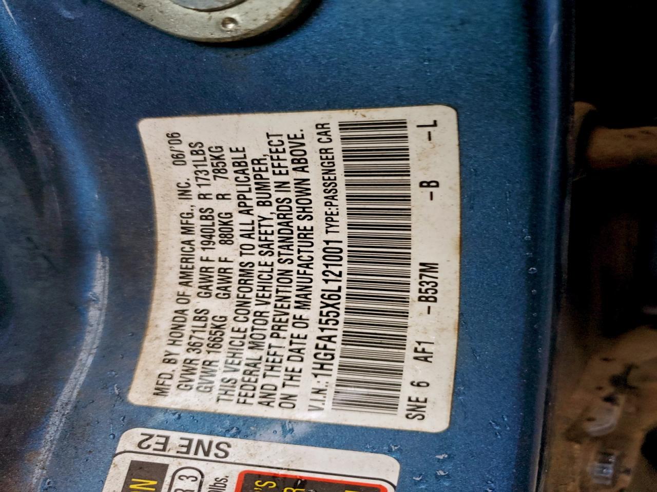 Lot #3311800206 2006 HONDA CIVIC LX