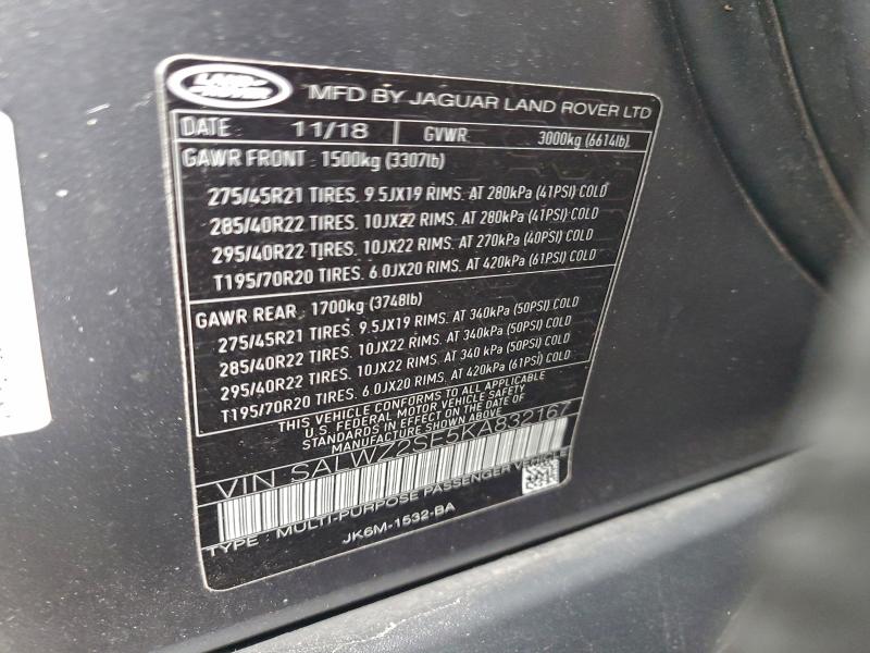 2019 LAND ROVER RANGE ROVE #3312586172