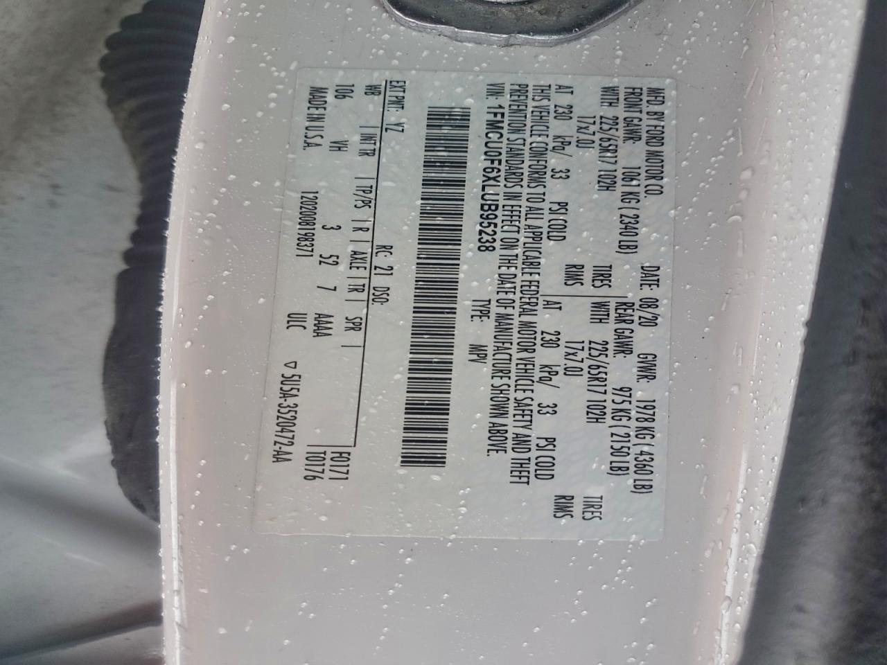 Lot #3315491357 2020 FORD ESCAPE S