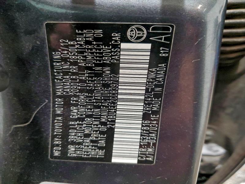 2012 TOYOTA COROLLA BA #3302696026